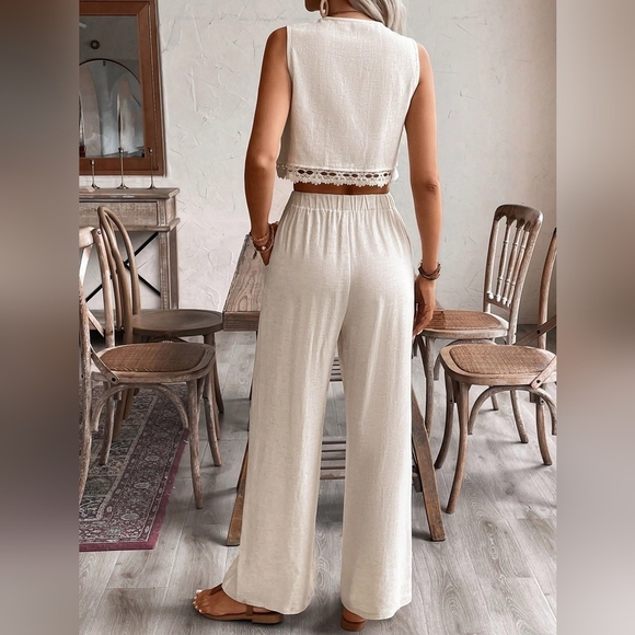 Linen 2pcs Women's Solid Color Lace Patchwork Bow Tie Sleeveless Top And Pants - Picture 3 of 6